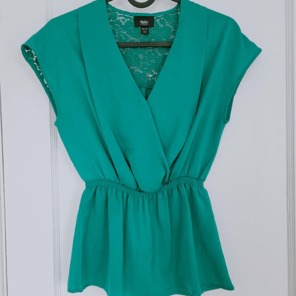 Mossimo Teal Colored Satin Peplum Blouse Size XS